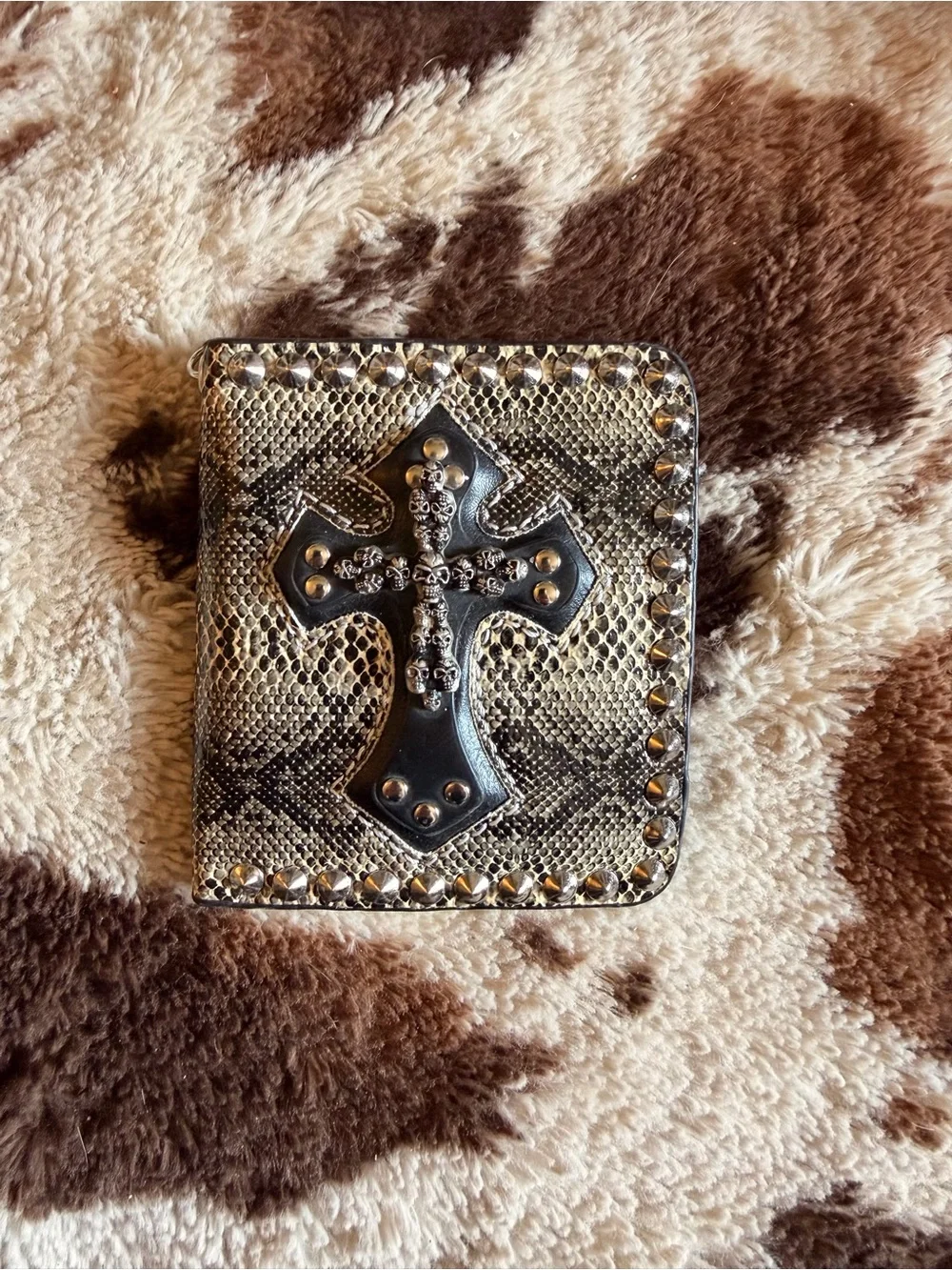 Studded Cross Bifold Wallet - Black and Silver